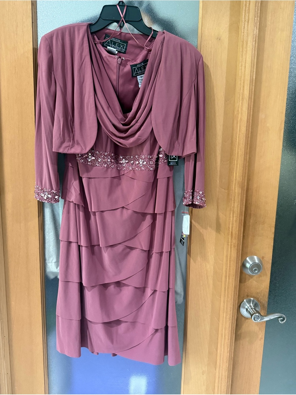 Alex Evenings Mauve Layered Midi Dress Beaded Waist and Jacket - Size 12 Petite